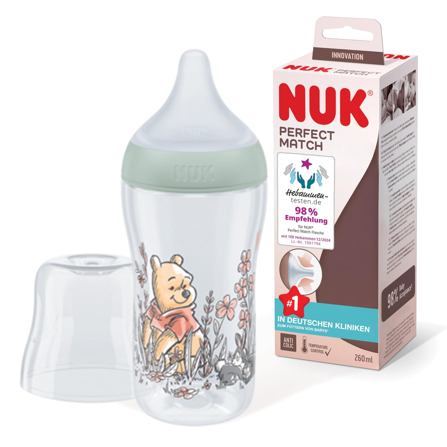 NUK First Choice+ Babyflaschen Starter Set | 0–6 Monate | 4 Flaschen mit Temperature Control & Flaschenbox | Anti-Colic Air System | BPA-frei | Disney Winnie Puuh - Meloni2