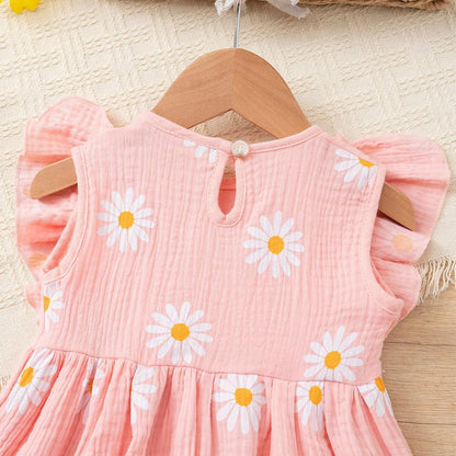 Kleinkinder Mädchen Sommerkleid Rüschenärmel Rundhalsausschnitt Knopfleiste Kleid lässiges Herbst A-Linien Party Kinderkleider 2-6 Jahre