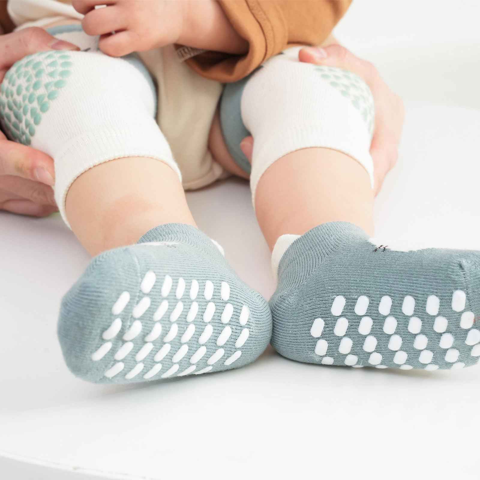 3 Paar Baby Knieschoner und 3 Paar Baby Socken Baby Krabbeln set, Anti Rutsch mit Gummipunkte Krabbelschoner Stulpen Knieschützer für Kleinkinder 0-12 Monate