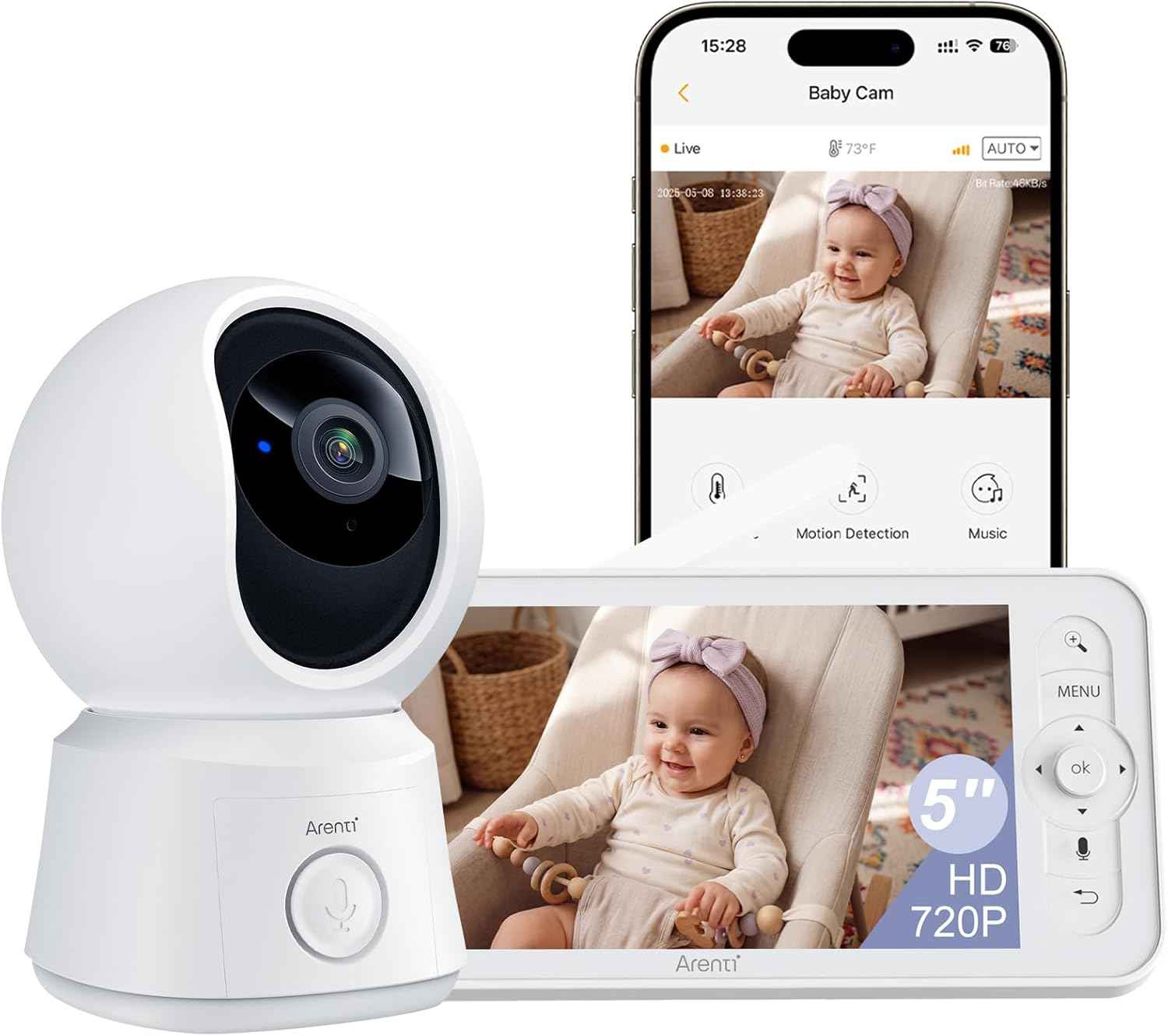 ARENTI 1080P Babyphone mit Kamera mit 5" Display, PTZ Video Babyfon mit Kamera und App, One-Touch-Ruf, Wiegenlied, Temperatursensor, Nachtsicht, 2 Wege Audio, Automatische Verfolgung, VoX Mode
