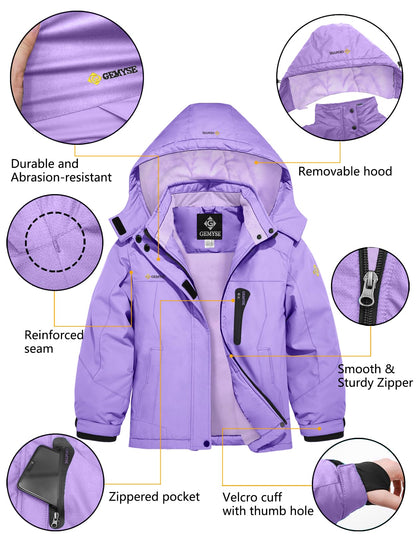 GEMYSE Girls' Waterproof Ski Jacket Windproof Fleece Outdoor Winter Jacket Rain Jacket with Hood