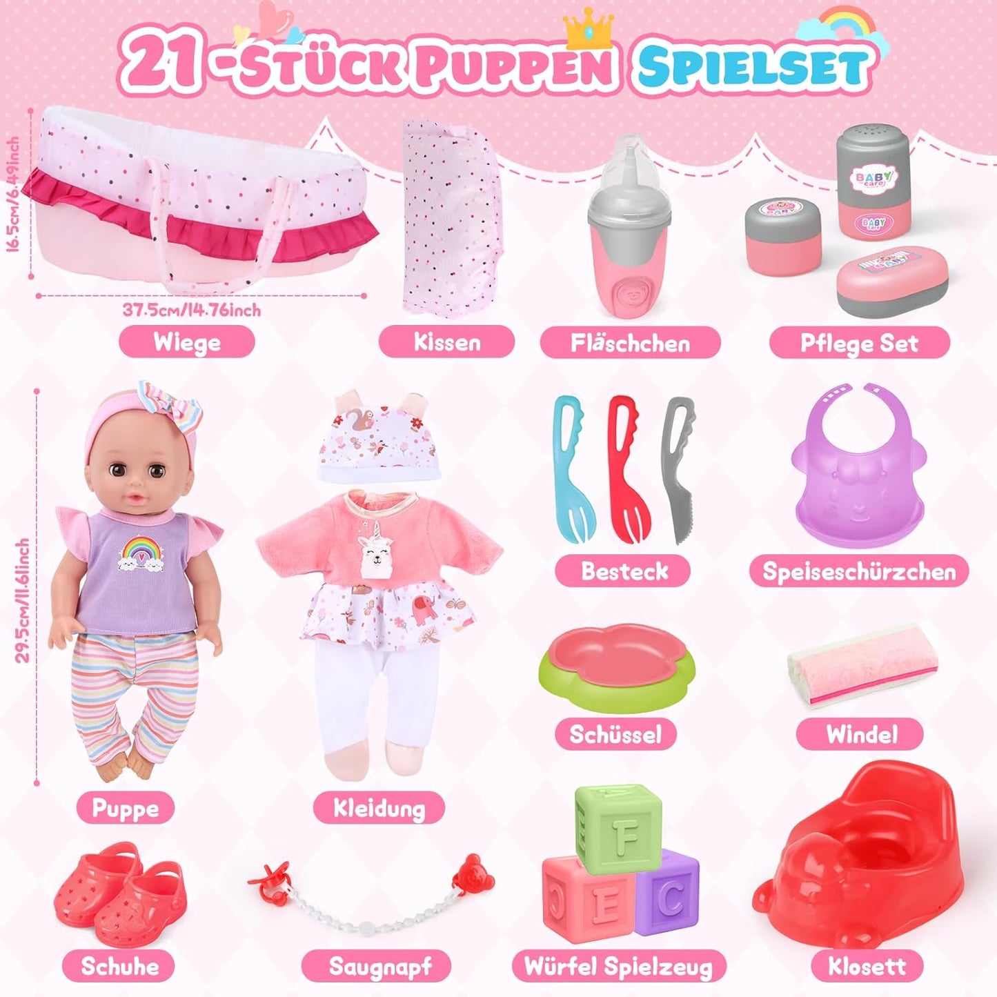 YOOHBERRYS Doll Set Children's Toy, 30 cm Baby Doll Play Set, Toy Doll Doll with Clothes and Accessories, Doll Bed, Doll Carrier, Dummy, Potty, Bottle, Christmas Birthday Gift