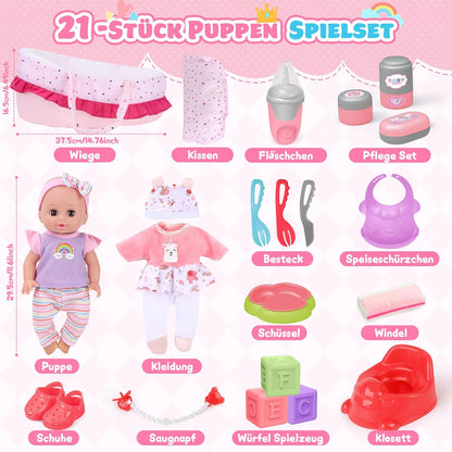 YOOHBERRYS Doll Set Children's Toy, 30 cm Baby Doll Play Set, Toy Doll Doll with Clothes and Accessories, Doll Bed, Doll Carrier, Dummy, Potty, Bottle, Christmas Birthday Gift