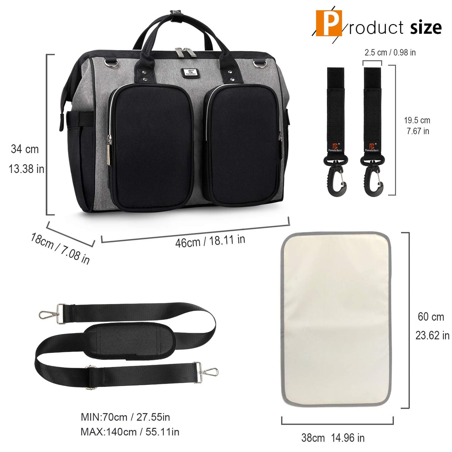 Wickeltasche mit wasserdicher Wickelunterlage und 2 Kinderwagen Haken verstellbare Schultergurt multifunktionale Umhängetasche Reisetasche für Unterwegs