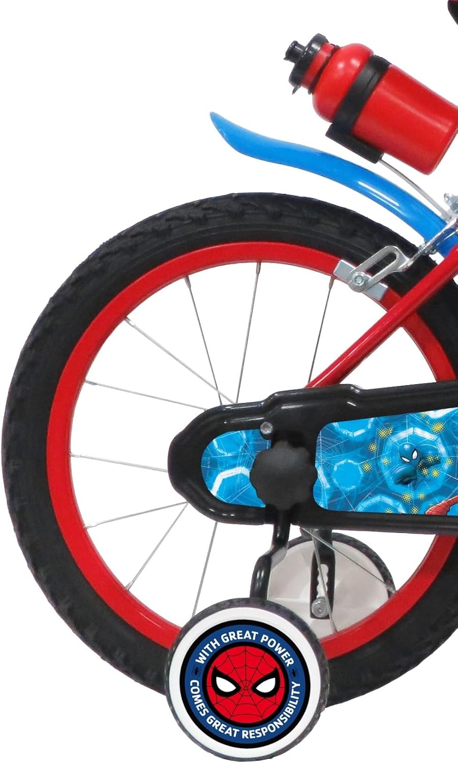 A.T.L.A.S. Jungen Kinderfahrrad Elo für Kinder, 16 Zoll Marvel, ausgestattet mit 2 Bremsen, dekorativer Frontplatte, hinterer Kanister und Spiderman-Helm, Rot wie abgebildet, 16'' - Meloni2