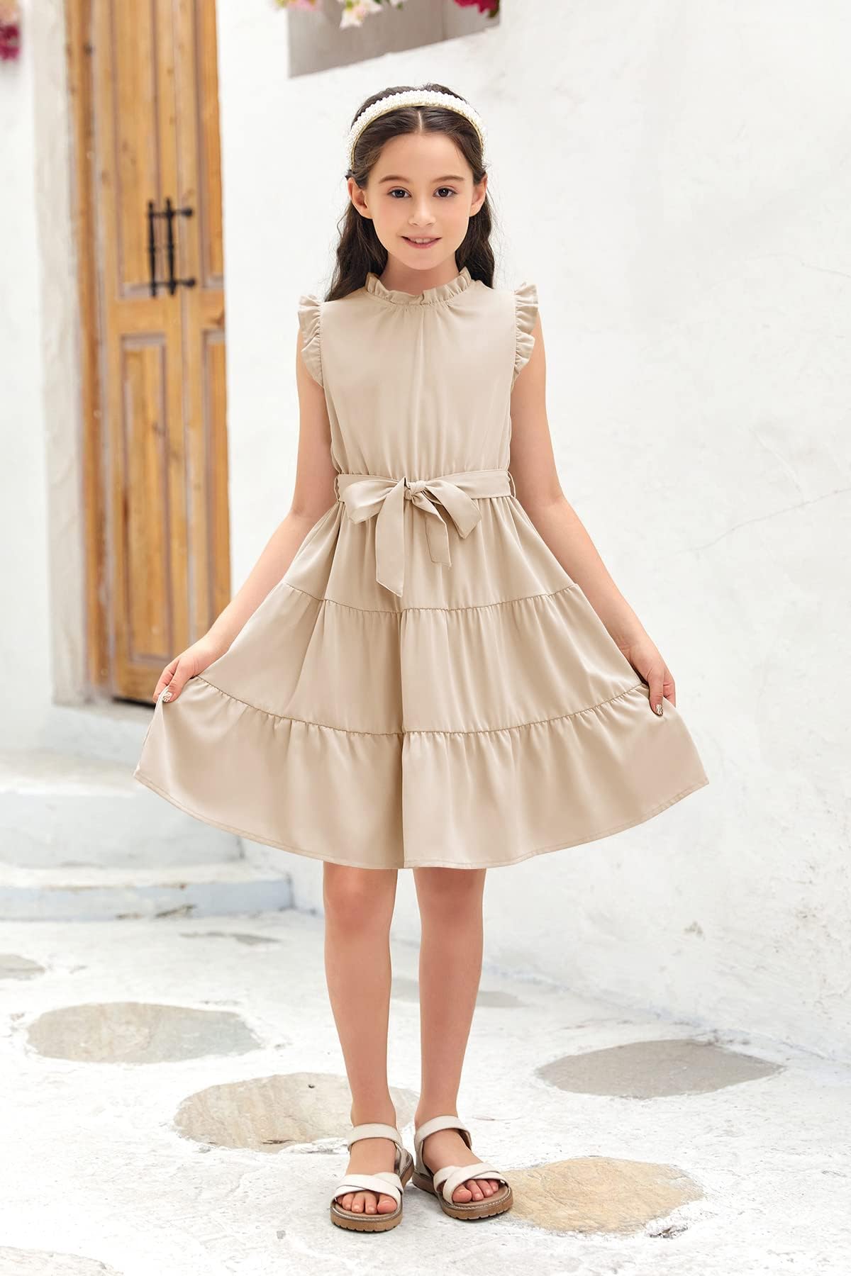 Haloumoning Mädchen Kleider Casual Rüschen Ärmel Midi Kleid Kinder Plissee Party Kleid mit Gürtel 4-15 Jahre
