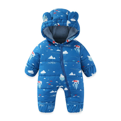 JiAmy Baby Winter Snowsuit, Toddler Bear Hood Fold-Over Mittens Booties Jumpsuit Toddler Warm Fleece Romper Girls Boys Warm Jumpsuit 3-24 Months