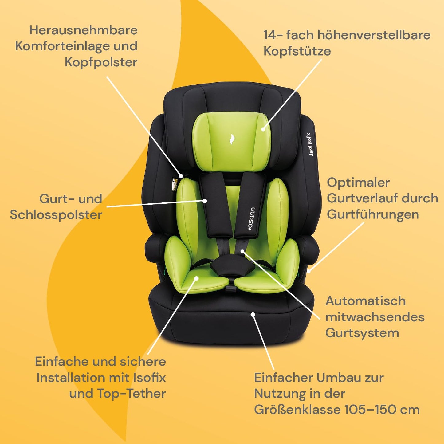 Osann Jazzi Isofix – Der sichere Kindersitz ab 1 Jahr (76–150 cm), mitwachsend mit Isofix & Top-Tether, Schutz & Geborgenheit auf jeder Fahrt - Sunset