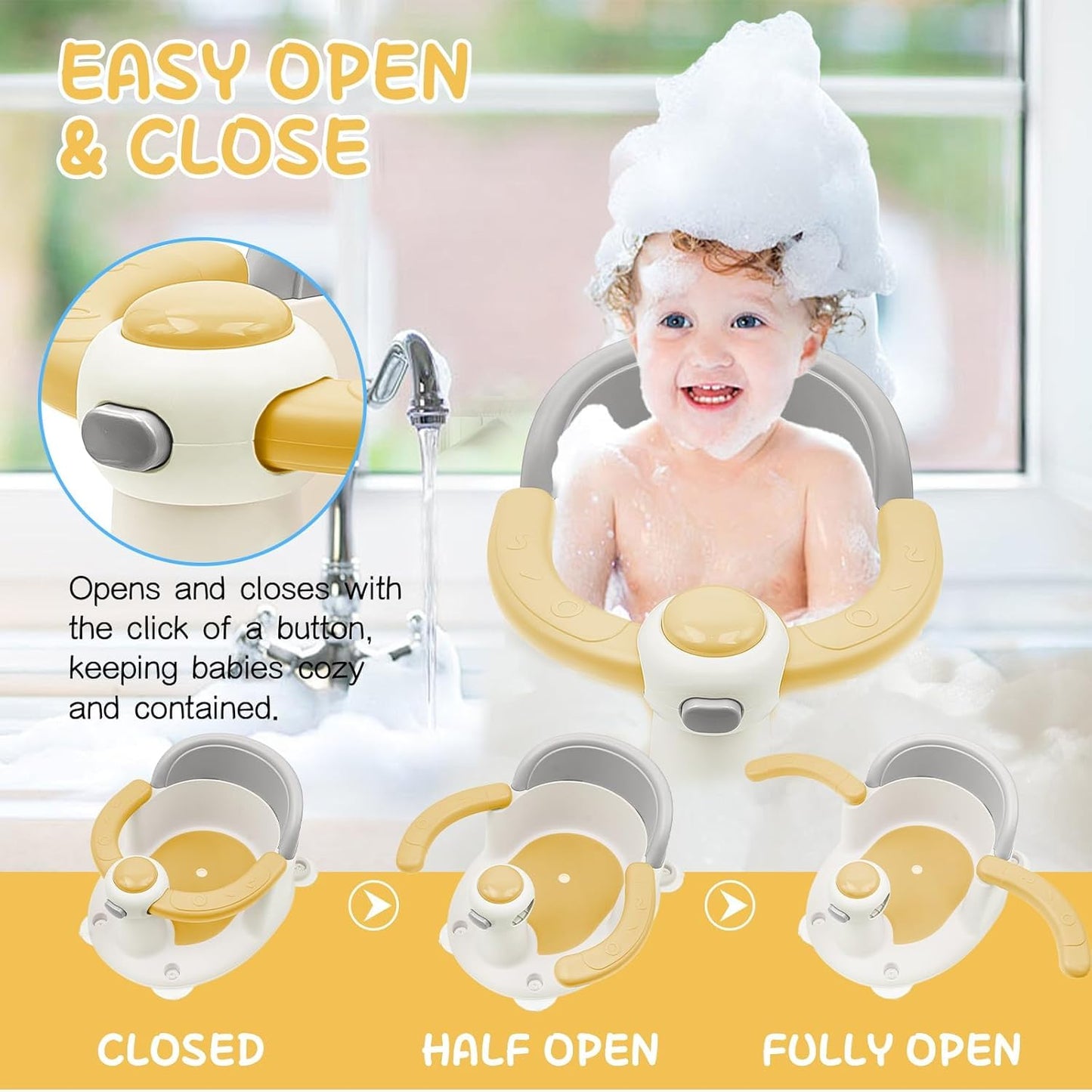 Baby Bath Seat for Babies from 6 Months, Non-Slip Baby Bath Chair, Portable Bath Seat with Suction Cups, Baby Bathtub Toddler Bath Support for Shower (Yellow)