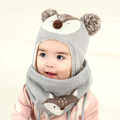 DORRISO Unisex-Baby Jungen Mädchen Mütze Schal Handschuh Set Niedlich Frühling Winter Herbst Beanie Strickmütze Warm Niedlich Klein Fuchs Wintermütze 1-6 Jahre alt