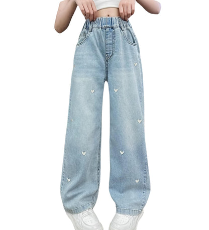 Rolanko Girls' Jeans Trousers with Hole, Denim Blue Jeans, Vintage Trousers With Wide Leg for Children