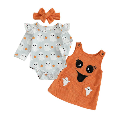 Geagodelia Baby Girl Halloween Clothing Outfit Pumpkin Ghost Baby Clothing Set Body Top + Jumpsuit Dress Newborn Soft Baby Set