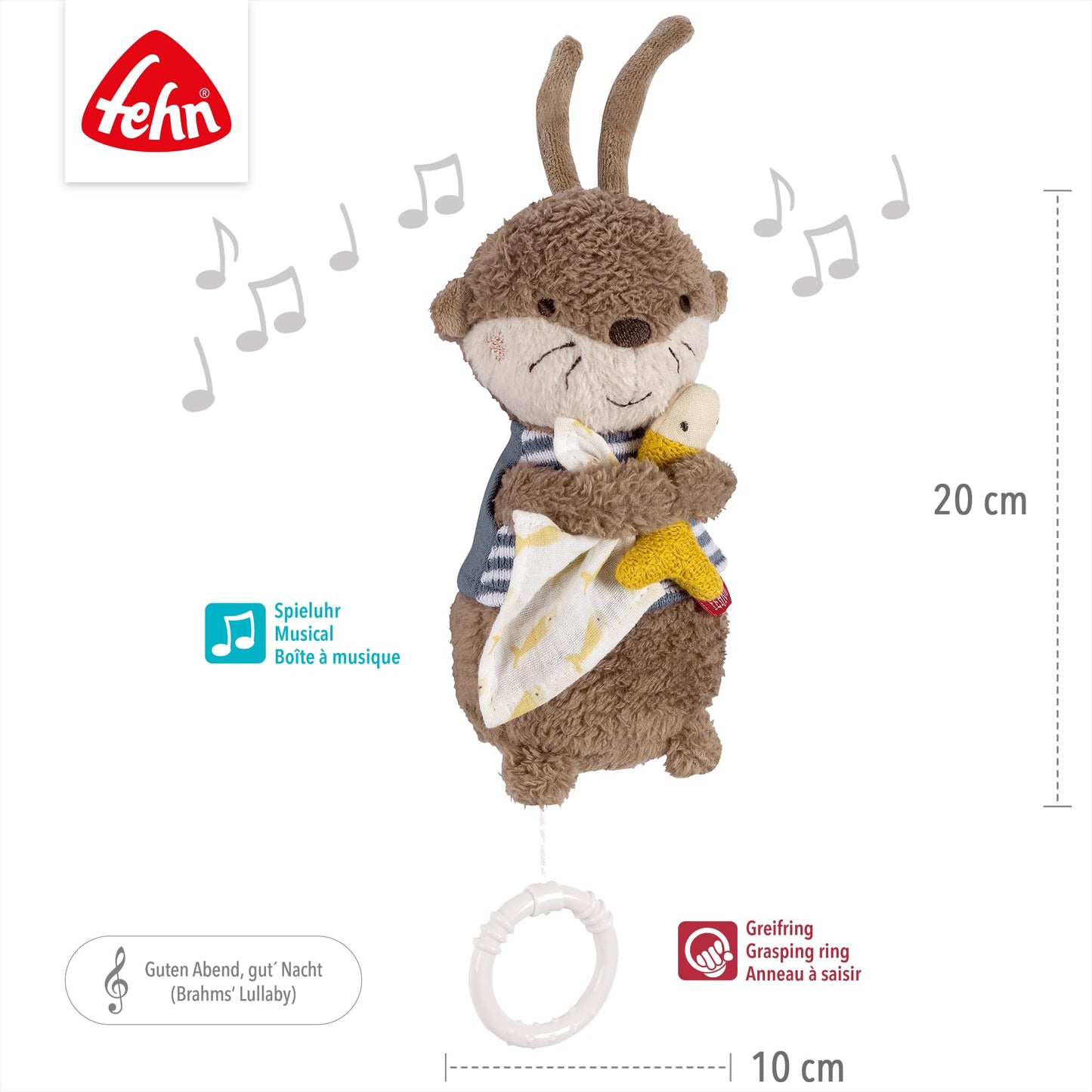 Fehn Mini-Spieluhr Otter – Kuscheltier & Einschlafhilfe: Aufzieh-Spieluhr mit sanfter Melodie Brahms Wiegenlied beruhigt in jeder Situation – für Babys und Kleinkinder ab 0+ Monaten