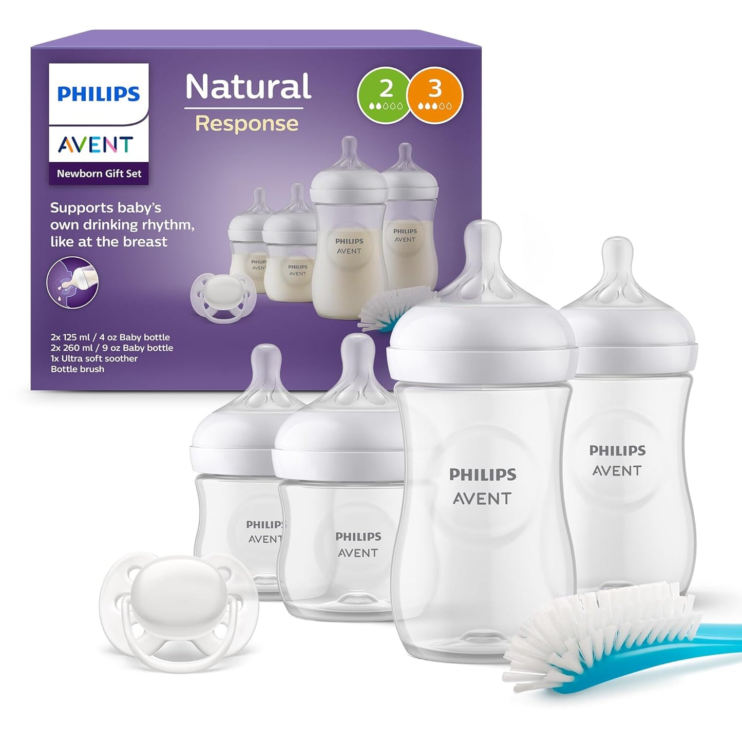Philips Avent Natural Response Baby Bottles Gift Set for Newborns - 4 Baby Bottles, Ultra Soft Dummy and Bottle Brush, Babies 0-12 Months and Older (Model SCD838/11)