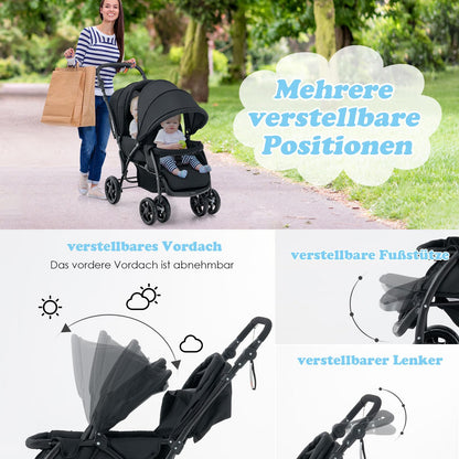 COSTWAY Folding Double Pushchair, Twin Pushchair with Adjustable Backrest and Hood, Travel Buggy with Reclining Function, Twin Buggy Pushchair for Baby from 6 Months, 30 kg Load Capacity (Grey)