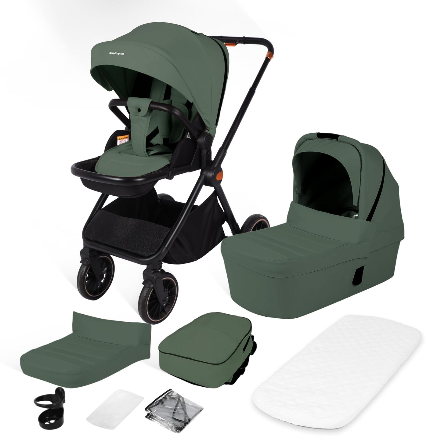 BabyVoyage Kombikinderwagen 2-in-1 ohne Babyschale – Babywanne & Sportsitz, Räder 360° Stoßdämpfer, Federung, höhenverstellbarer Griff, Faltbar, Zubehö-Grün