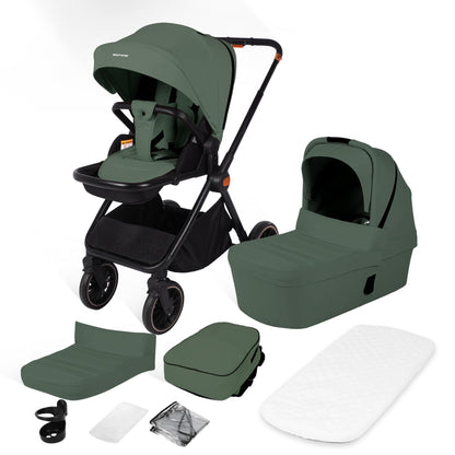 BabyVoyage Kombikinderwagen 2-in-1 ohne Babyschale – Babywanne & Sportsitz, Räder 360° Stoßdämpfer, Federung, höhenverstellbarer Griff, Faltbar, Zubehö-Grün