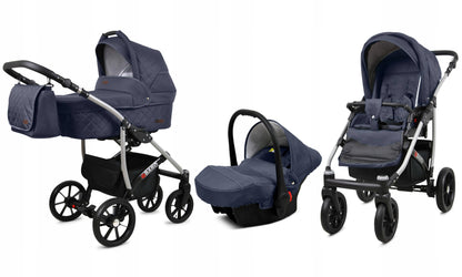 BabyLux® Bambimo Qbaro 3-in-1 Pushchair Set Including Baby Carrycot, Buggy Sports Seat, Car Seat - Car Seat - Pram Set - Combination Pram with Changing Bag, Rain Cover etc. 