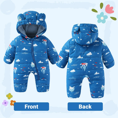 JiAmy Baby Winter Snowsuit, Toddler Bear Hood Fold-Over Mittens Booties Jumpsuit Toddler Warm Fleece Romper Girls Boys Warm Jumpsuit 3-24 Months