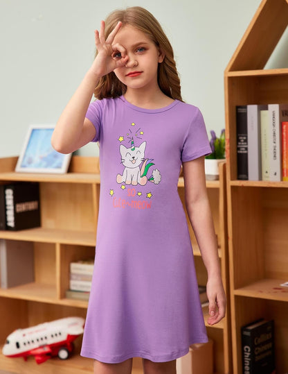 Arshiner Nachthemd Mädchen Kurzarm Pyjamas Kinder Schlafkleid Katze Einhorn Rundhals Nachtkleid 4-12 Jahre