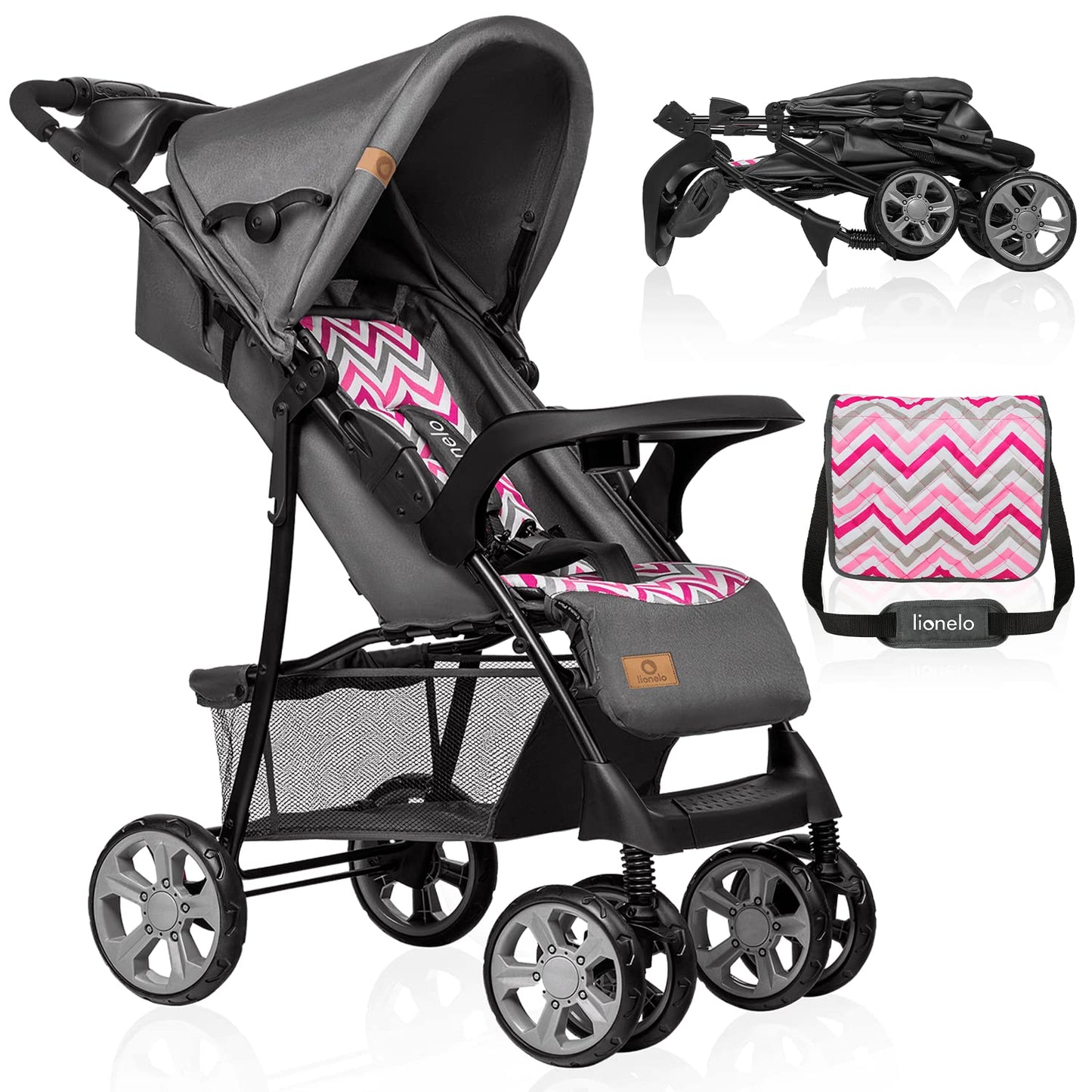 LIONELO Emma Plus Kinderwagen bis zu 15 kg, Kindersportwagen, leicht modern klein Buggy mit Liegeposition, zusammenklappbar, große Räder, großer Korb, Tasche Stone