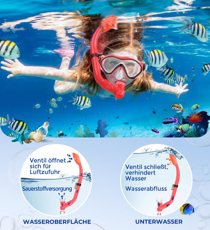 Sporzin Children's Diving Goggles Snorkel Set - Snorkel with Dry Snorkel Mask 180° Panoramic View HD and Anti-Fog Silicone Diving Mask and Swimming Goggles with Ear Plugs 4-12 Years