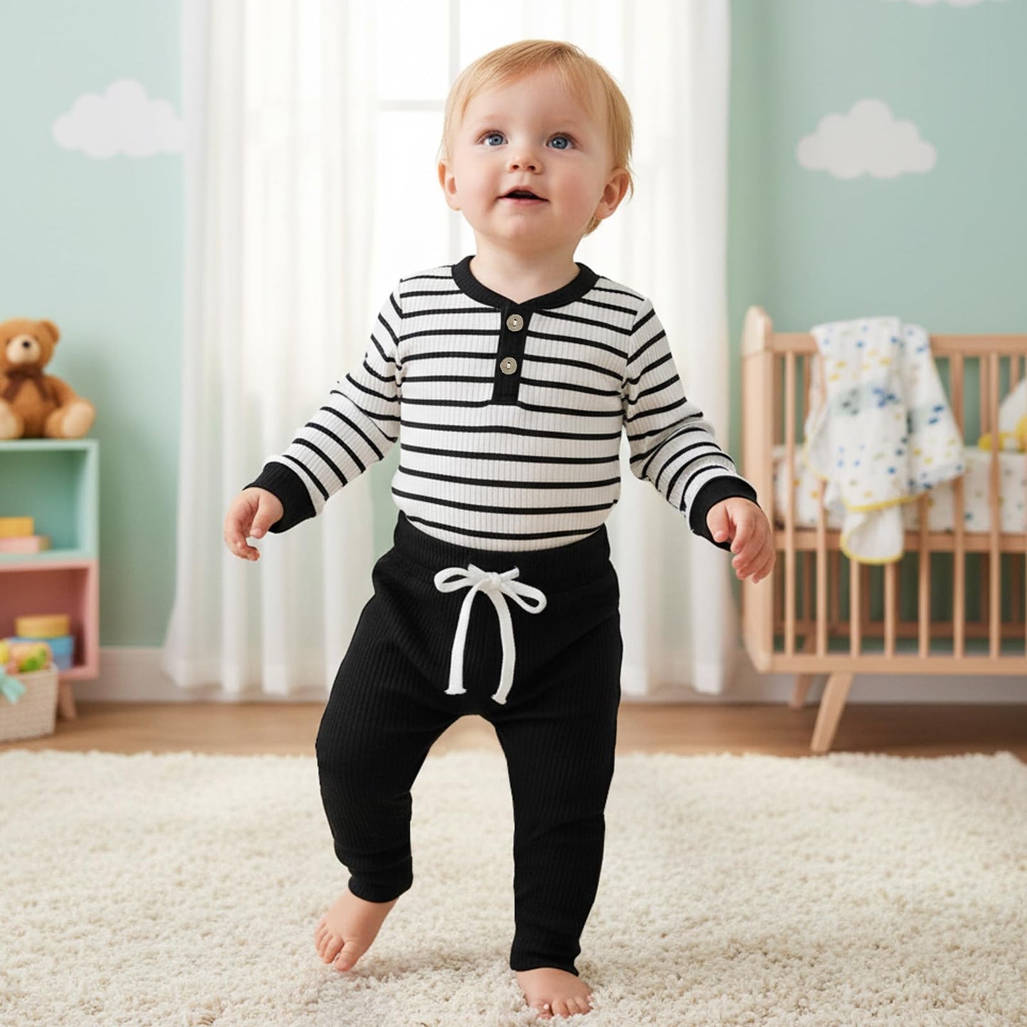 JiAmy Baby Boys' Clothing Long Sleeve Striped Bodysuit Romper + Trousers Outfit Set Newborn Soft Cotton Baby Clothing 0-24 Months