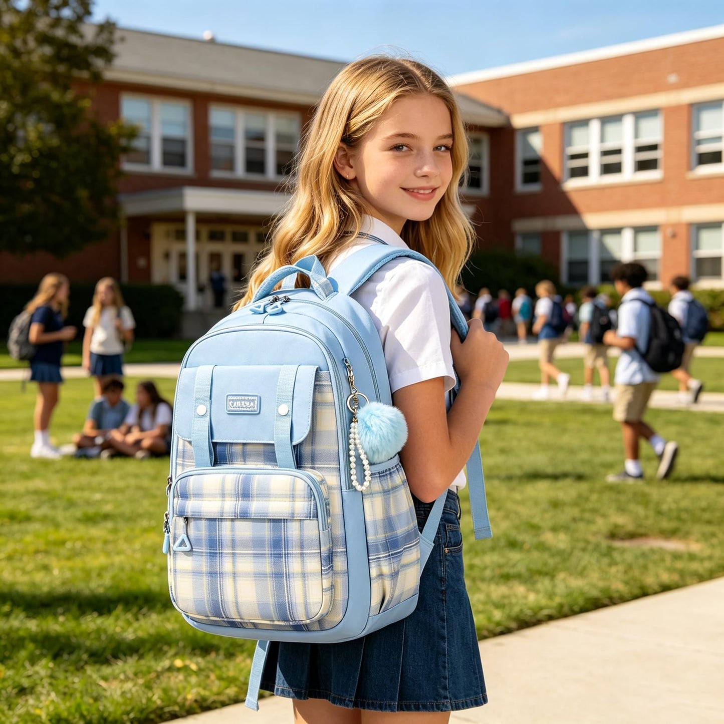 Rucksack mädchen 22L ergonomisch mit reflektierenden Streifen | Wasserdichtes Karogewebe, atmungsaktives 3D-Rückenpolster, zahlreiche getrennte Fächer, passend für 15,6-Zoll-Laptops