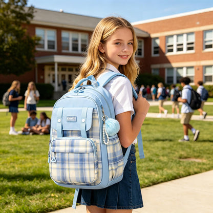 Rucksack mädchen 22L ergonomisch mit reflektierenden Streifen | Wasserdichtes Karogewebe, atmungsaktives 3D-Rückenpolster, zahlreiche getrennte Fächer, passend für 15,6-Zoll-Laptops