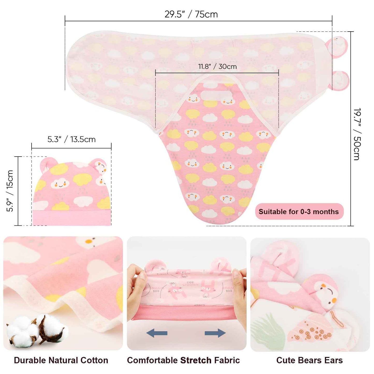 DRESHOW Neugeborene Swaddle Decke Hut Set Baby Gedruckt Swaddles Säugling Einstellbar Schlafsack für 0-3 Monate Mädchen Jungen