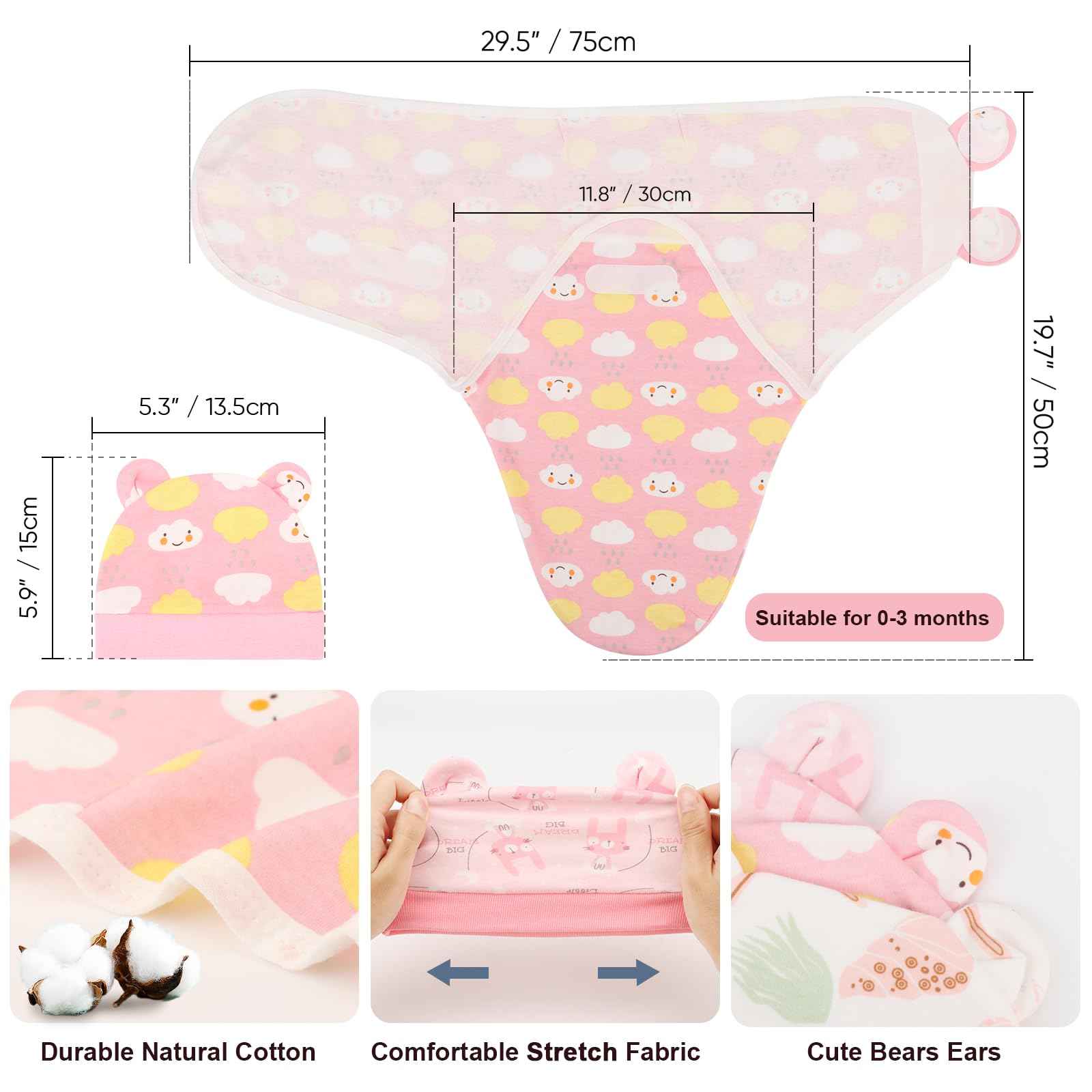 DRESHOW Neugeborene Swaddle Decke Hut Set Baby Gedruckt Swaddles Säugling Einstellbar Schlafsack für 0-3 Monate Mädchen Jungen