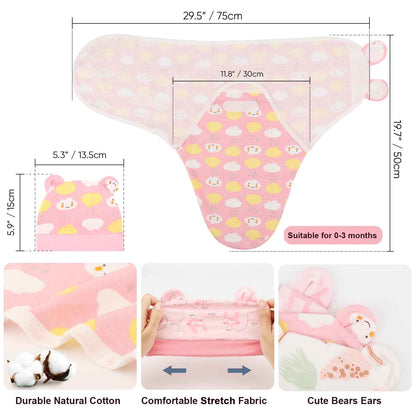 DRESHOW Neugeborene Swaddle Decke Hut Set Baby Gedruckt Swaddles Säugling Einstellbar Schlafsack für 0-3 Monate Mädchen Jungen