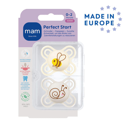 MAM Perfect Start Schnuller im 2er-Set, speziell für Neugeborene, zahnfreundlicher Baby Schnuller aus nachhaltigen & bio-erneuerbaren Materialien, mit Schnullerbox, 0-2 Monate, Biene/Schnecke - Meloni2