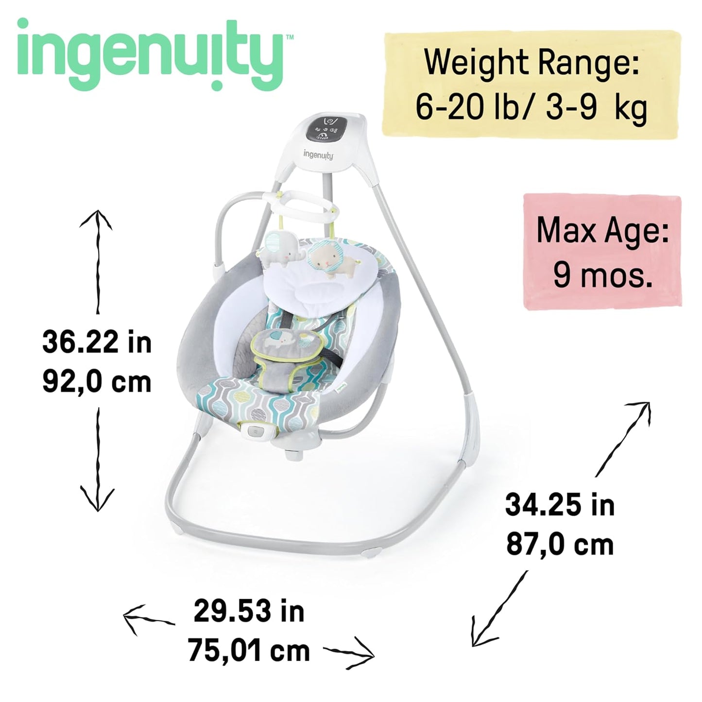 Ingenuity, Everston Babyschaukel, 180° drehbar, 3 Schaukelrichtungen und 6 -geschwindigkeiten, spielt 8 Melodien und weißes Rauschen, ab der geburt bis 9kg