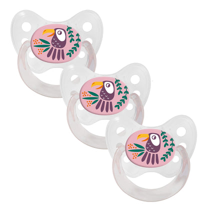 dentistar Silikon Schnuller 3er-Set - Größe 1 Schnuller 0-6 Monate - Zahn- & kieferfreundlicher Nuckel mit Dental-Stufe – BPA-frei – Made in Germany - Grinsebacke, Transparent