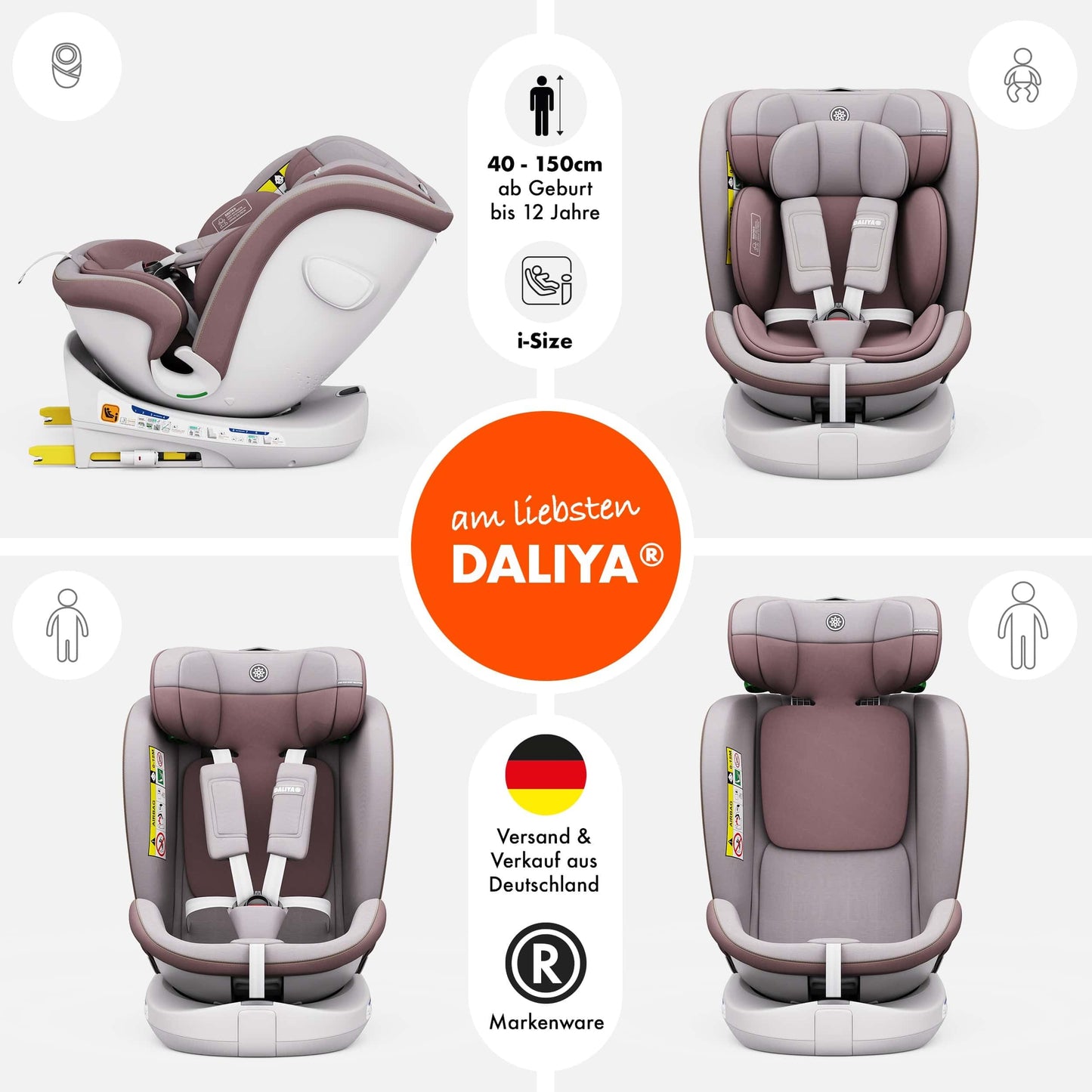 Daliya® Kindersitz ROTAZIONE | I-SIZE 40-150 cm | 8 Pos. | Isofix | (SIP) | Top Tether | 360° | 5 Punkt Gurt | Gruppe 0+ / I/II/III 0-36 KG | Neueste Zulassungs UN ECE Reg. 129 (Beige) - Meloni2