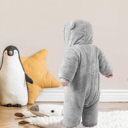 JiAmy Baby-Overall Baby-Strampler Flanell Winter-Strampelanzug mit Füßchen Kapuze Cartoon,Khaki 6-9 Monate