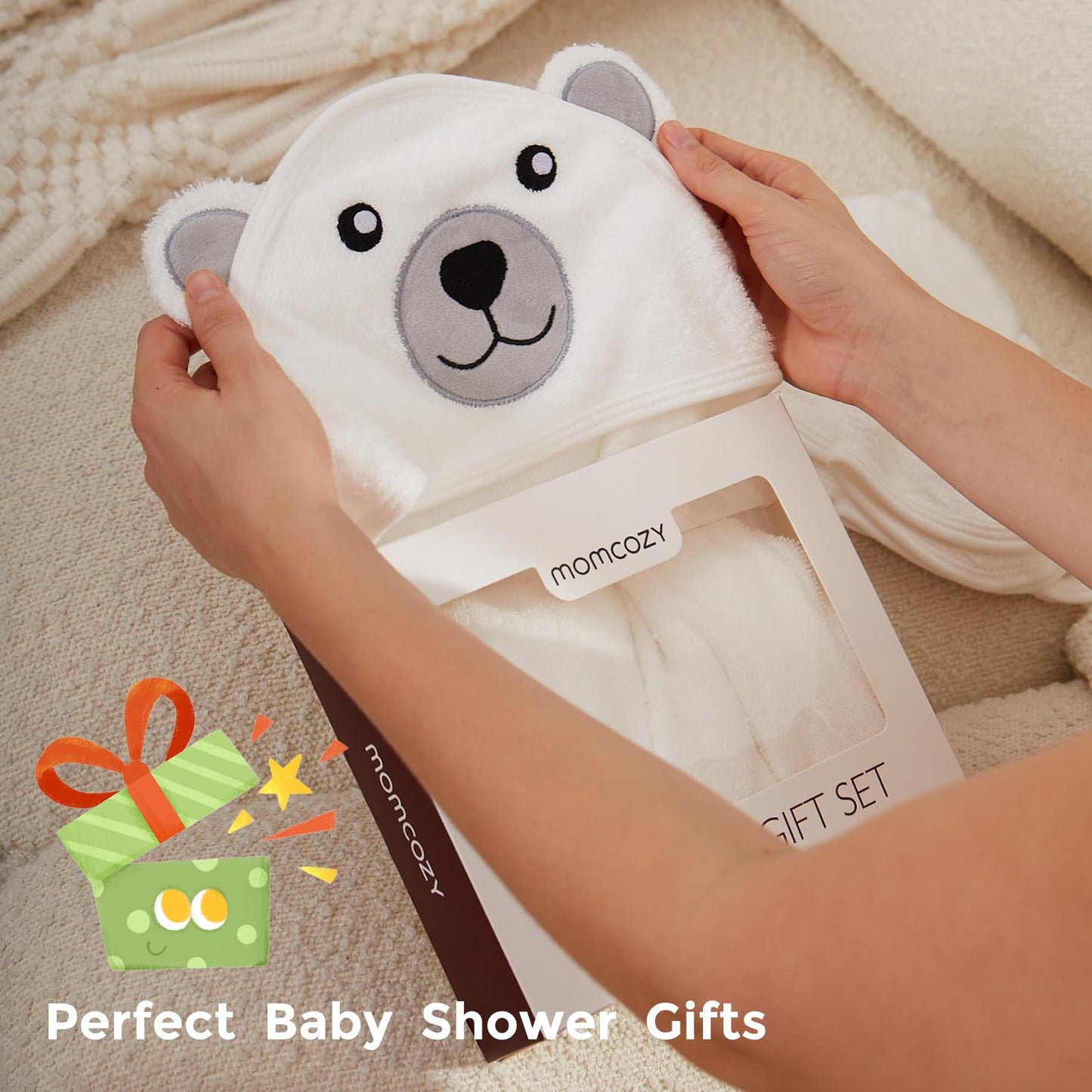 Momcozy Bambus Baby Badetücher Set 5er Pack, Babyhandtuch mit Kapuze , Waschlappen 3 Stück, Baby Bad Handschuh 1 Stück, Extrem Weich, Atmungsaktiv, Geeignet für Mädchen und Jungen