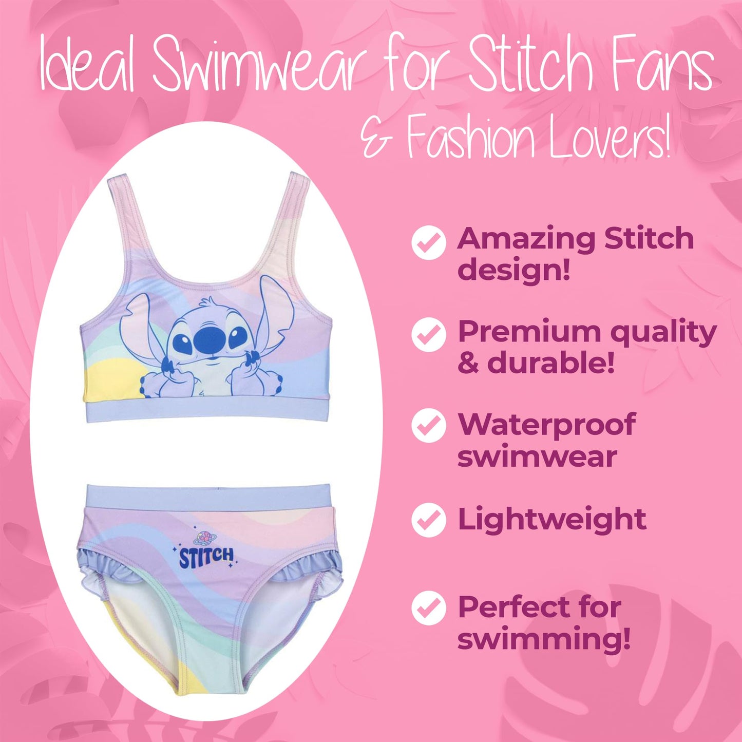 Stitch Bikini Mädchen – 2-teiliges Badeanzug-Set für Kinder mit Rüschen – Pastellfarben – Ideal für Strand & Pool – Badeanzug Stitch Design