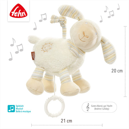 Fehn Spieluhr Baby Einschlafhilfe Schaf - Kuscheltier mit sanfter Einschlafhilfe Melodie "Guten Abend, gut´ Nacht" - Babyspielzeug für Unterwegs und Zuhause - Musikspielzeug für Babys und Kleinkinder