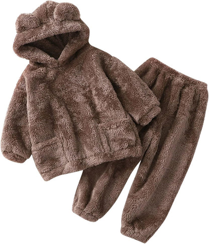 Fccrian Kleinkind Kinder Baby Mädchen Jungen Kleidung Winter Warm Kapuze Ohr Sweatshirt Tops und Hosen 2-teiliges Herbst-Outfits Pyjama Nachtwäsche Set Baby Pyjama einfarbig