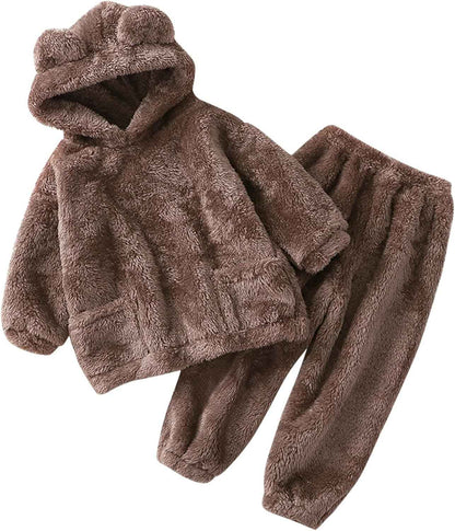Fccrian Kleinkind Kinder Baby Mädchen Jungen Kleidung Winter Warm Kapuze Ohr Sweatshirt Tops und Hosen 2-teiliges Herbst-Outfits Pyjama Nachtwäsche Set Baby Pyjama einfarbig