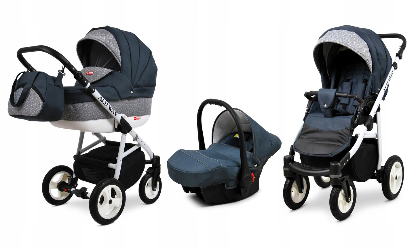 BabyLux® Kinderwagen Set 4 in 1 - Alu Way - incl. Babywanne, Buggy Sportsitz, Auto-Babyschale, ISOFIX-Basisstation - Autositz - Kinderwagenset - Kombikinderwagen mit Wickeltasche usw.