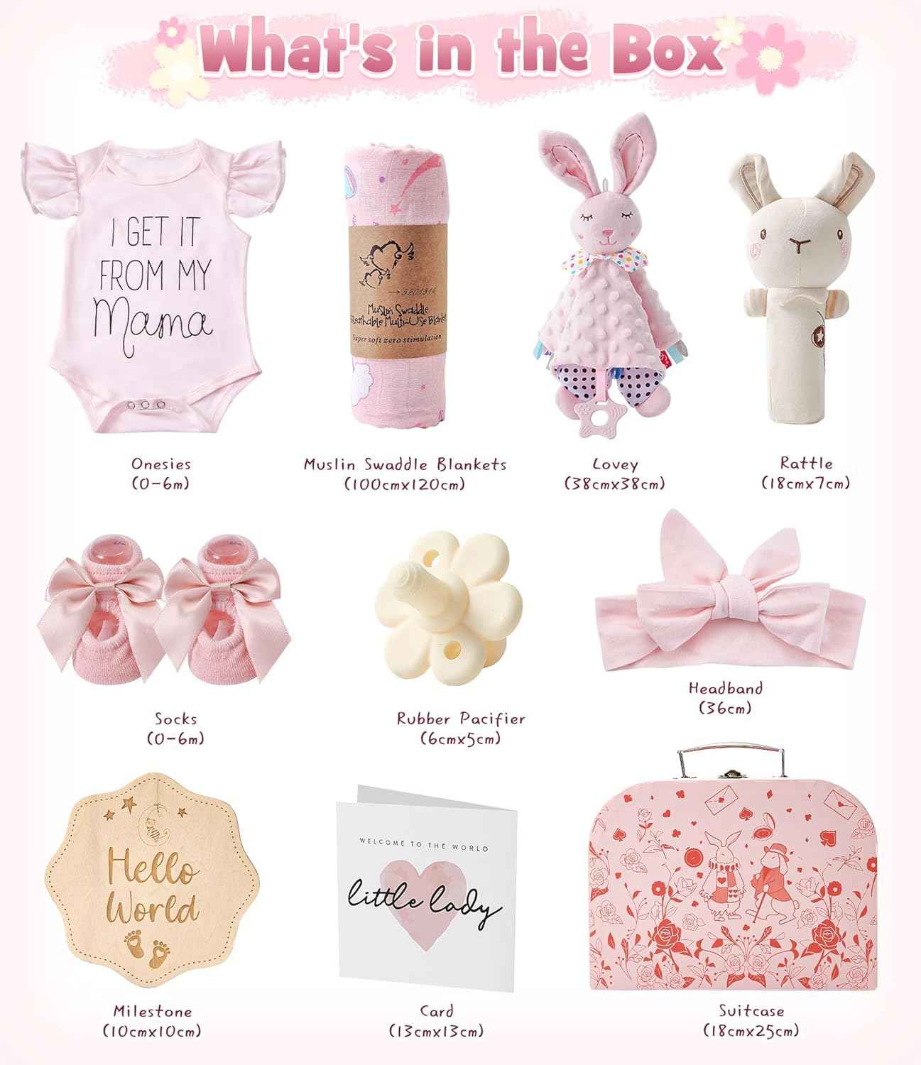 Baby Gift Boys Girls Newborn Gifts for Birth with Comforter Blanket / Baby Romper / Socks / Muslin Blanket / Rattle Nappy Cake Gift Box Baby Shower Party Gender Reveal Gift (Pink)