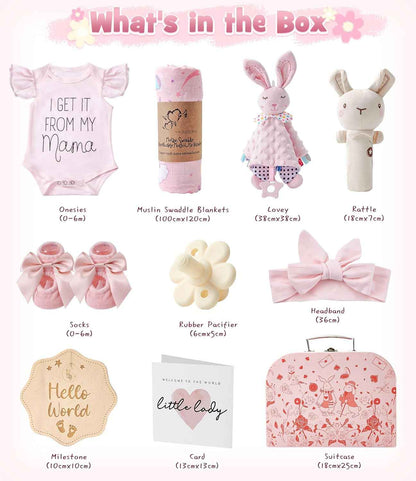 Baby Gift Boys Girls Newborn Gifts for Birth with Comforter Blanket / Baby Romper / Socks / Muslin Blanket / Rattle Nappy Cake Gift Box Baby Shower Party Gender Reveal Gift (Pink)
