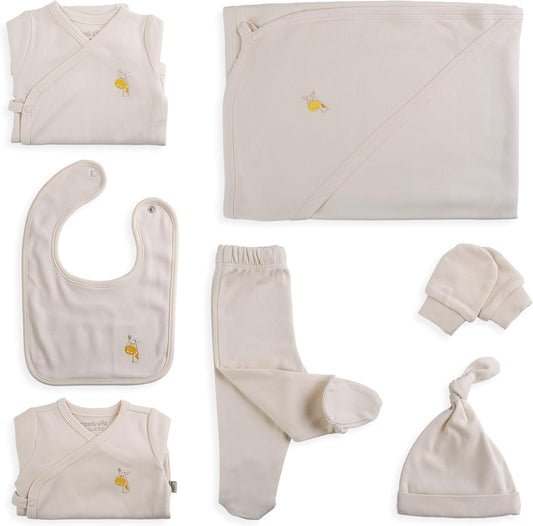 ORGANICKID Baby Set Neugeborene - weiche Bio-Baumwolle allergikerfreundlich 7 Teile mit Kapuzendecke - Baby Erstausstattung Geschenkset zur Geburt, 0-6 Monate, unisex Mädchen & Jungen
