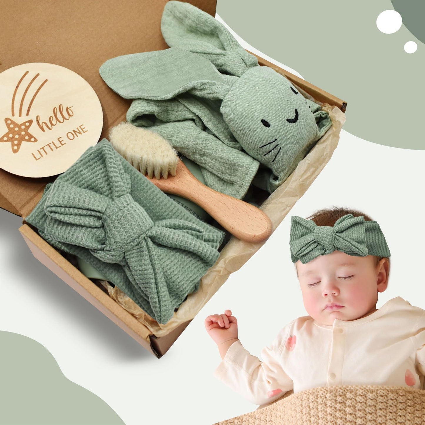 YTACREA Schmusetuch Baby, Baby Geschenk Mädchen Junge Personalisierte Geschenk Neugeborenen mit Schmusetuch, Lätzchen, Turban, Meilensteinkarten, Bürsten und Socken, Khaki