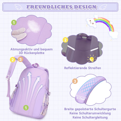 Rucksack mädchen 22L ergonomisch mit reflektierenden Streifen | Wasserdichtes Karogewebe, atmungsaktives 3D-Rückenpolster, zahlreiche getrennte Fächer, passend für 15,6-Zoll-Laptops
