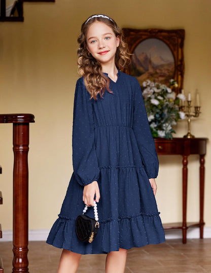 Arshiner Dress Girls Festive Flounce V-Neck Long Sleeve Dress Swiss Dot Chiffon Dress Children Tiered Dress A-Line Party Dress Wedding Princess Dress Swing Skater Dress 5-12 Years 