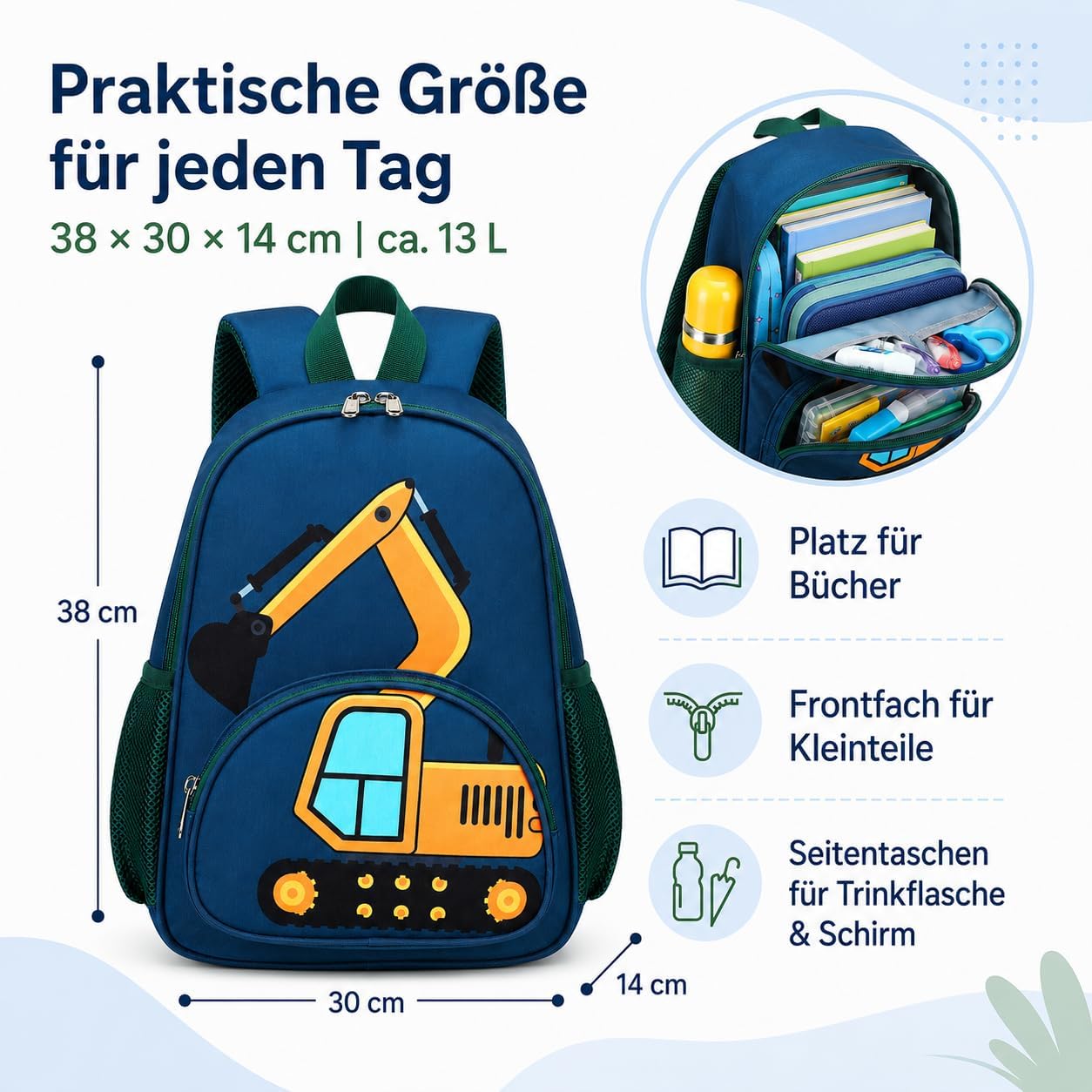 Kinderrucksack Jungen Kinder Rucksack Tagesrucksack Vorschulrucksack Kindergartentasche Schulrucksack für Schule Kita 38cm 3-8Y